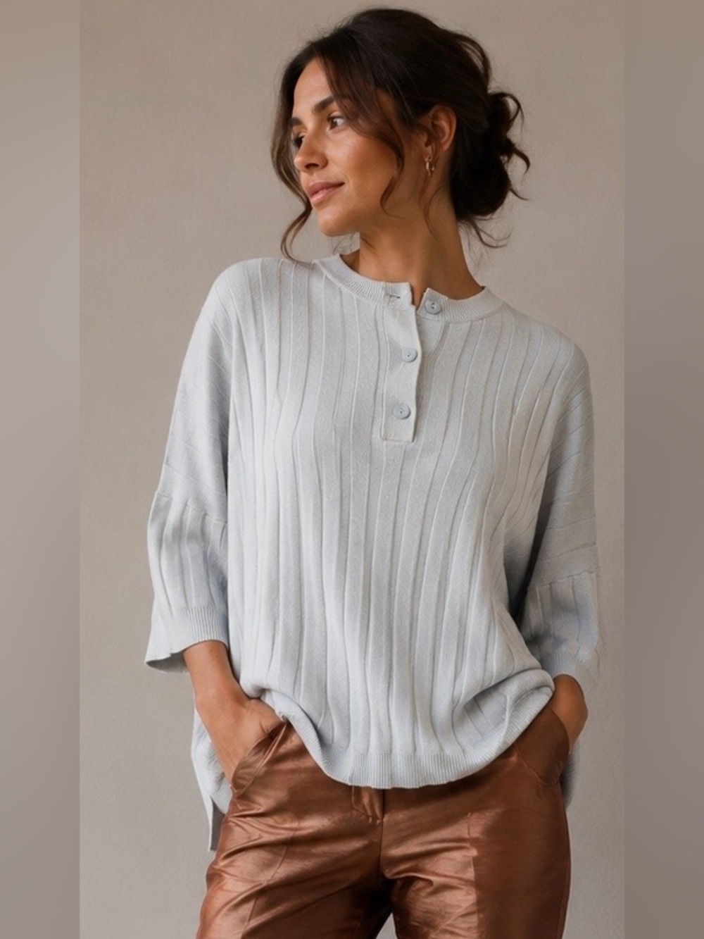 NWT - Lumiere Ice Blue Viscose Henley Pullover